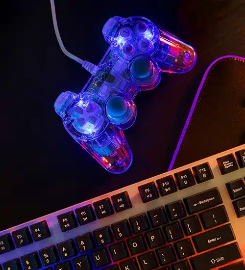 top view of a gaming keyboard and controller
